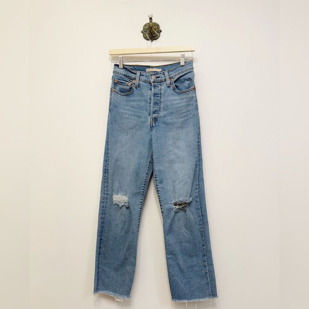 Levi's High Rise Ribcage Straight Ankle Jeans Raw Hem Distressed Women's 26 x 27